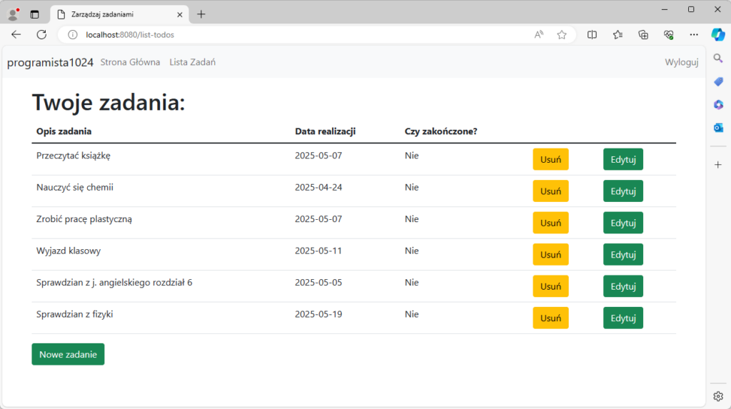 Jedno z okien prostej aplikacji webowej do zarządzania listą zadań